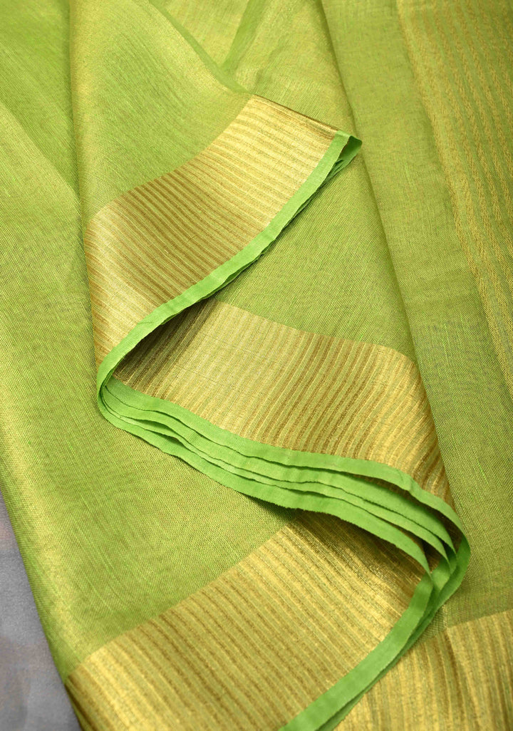 Lime Green Tissue Linen Saree with Contrast Zari Border