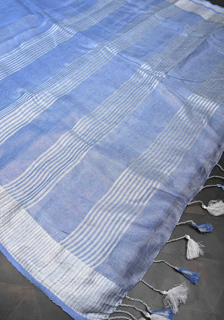 Light Blue Tissue Linen Saree With Silver Zari Border