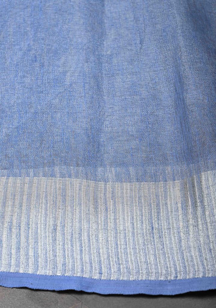Light Blue Tissue Linen Saree With Silver Zari Border