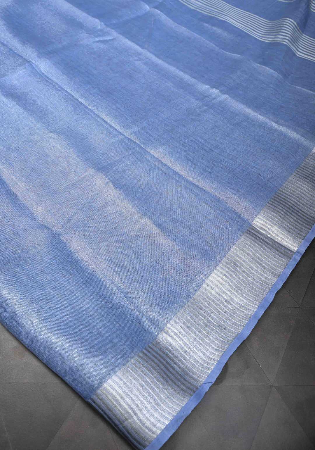 Light Blue Tissue Linen Saree With Silver Zari Border