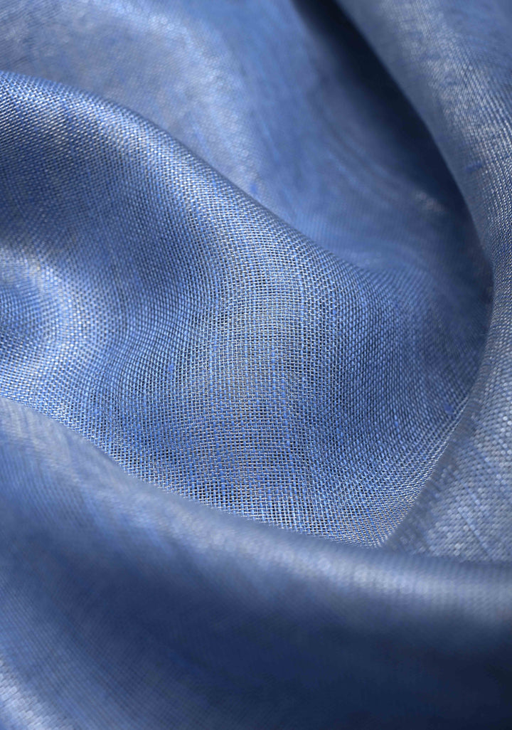 Light Blue Tissue Linen Saree With Silver Zari Border