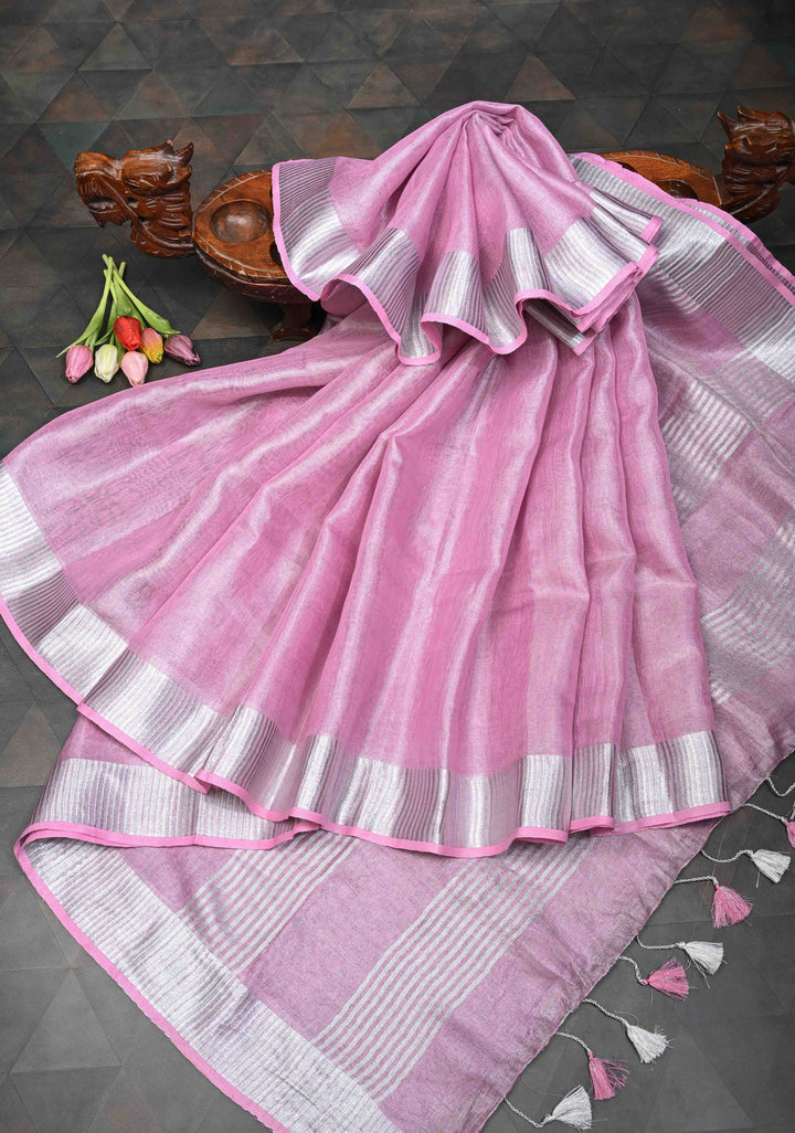 Pink Tissue Linen Saree With Silver Zari Border