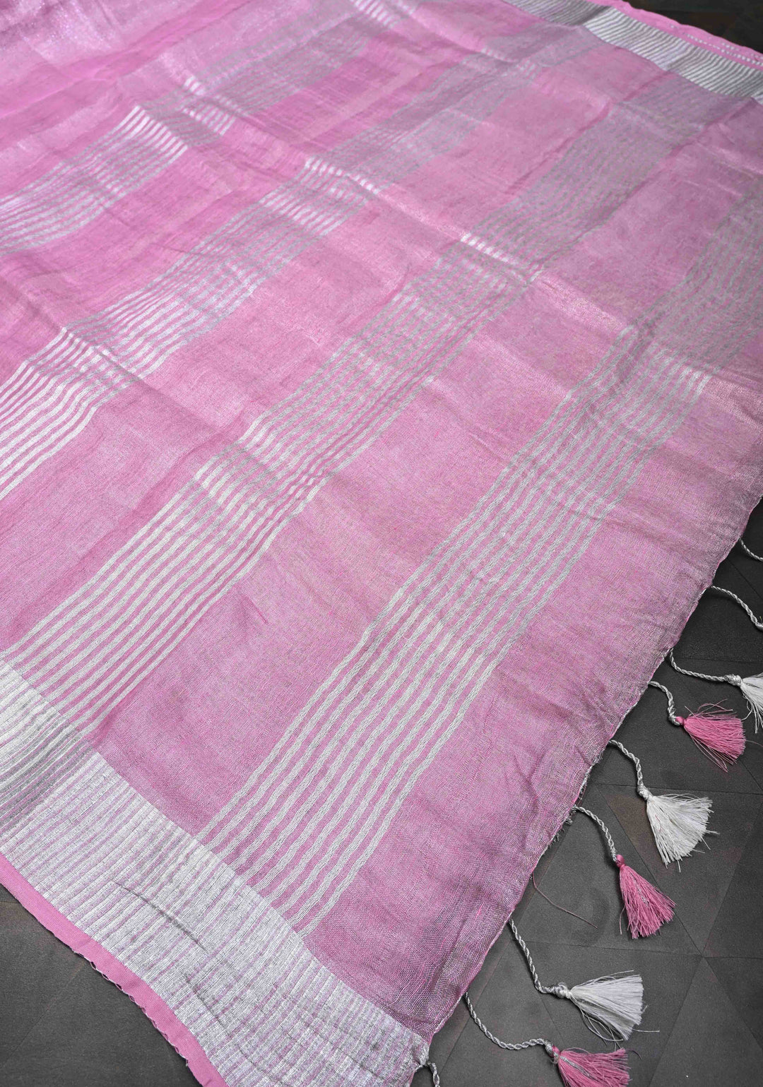 Pink Tissue Linen Saree With Silver Zari Border