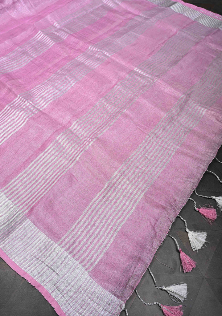 Pink Tissue Linen Saree With Silver Zari Border