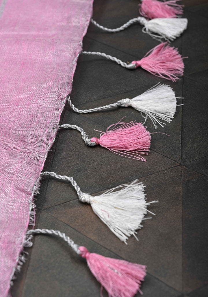 Pink Tissue Linen Saree With Silver Zari Border