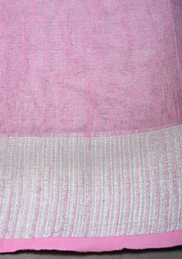 Pink Tissue Linen Saree With Silver Zari Border