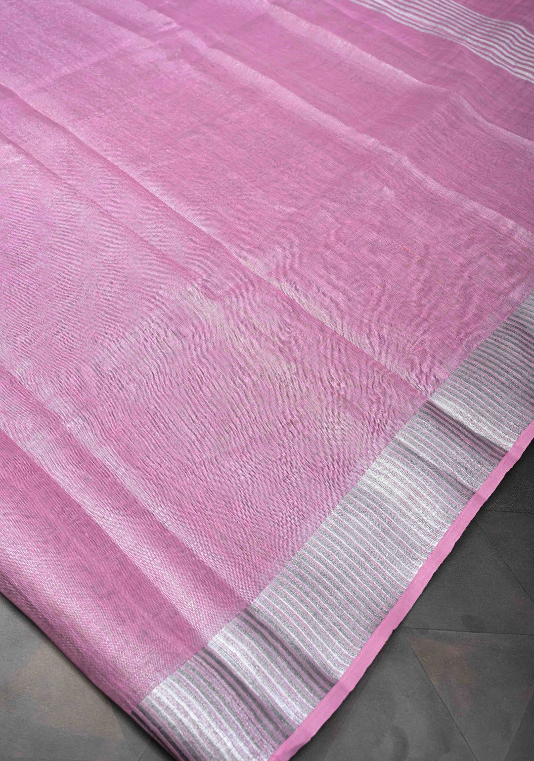 Pink Tissue Linen Saree With Silver Zari Border