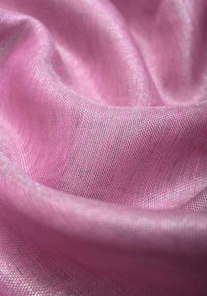 Pink Tissue Linen Saree With Silver Zari Border
