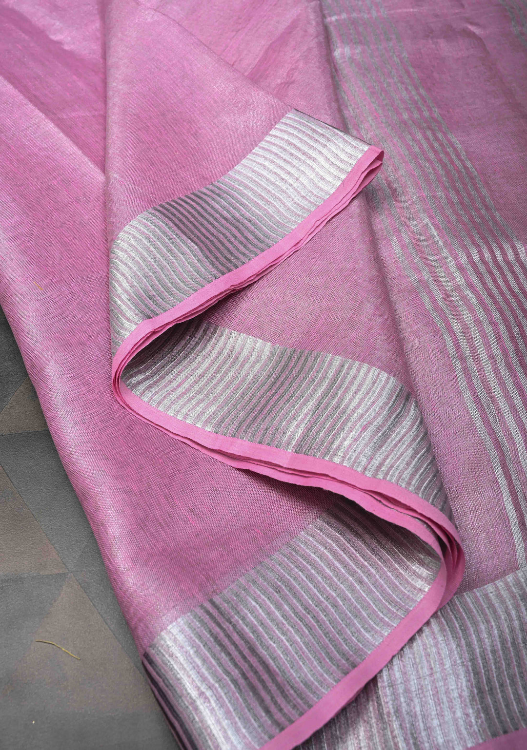 Pink Tissue Linen Saree With Silver Zari Border