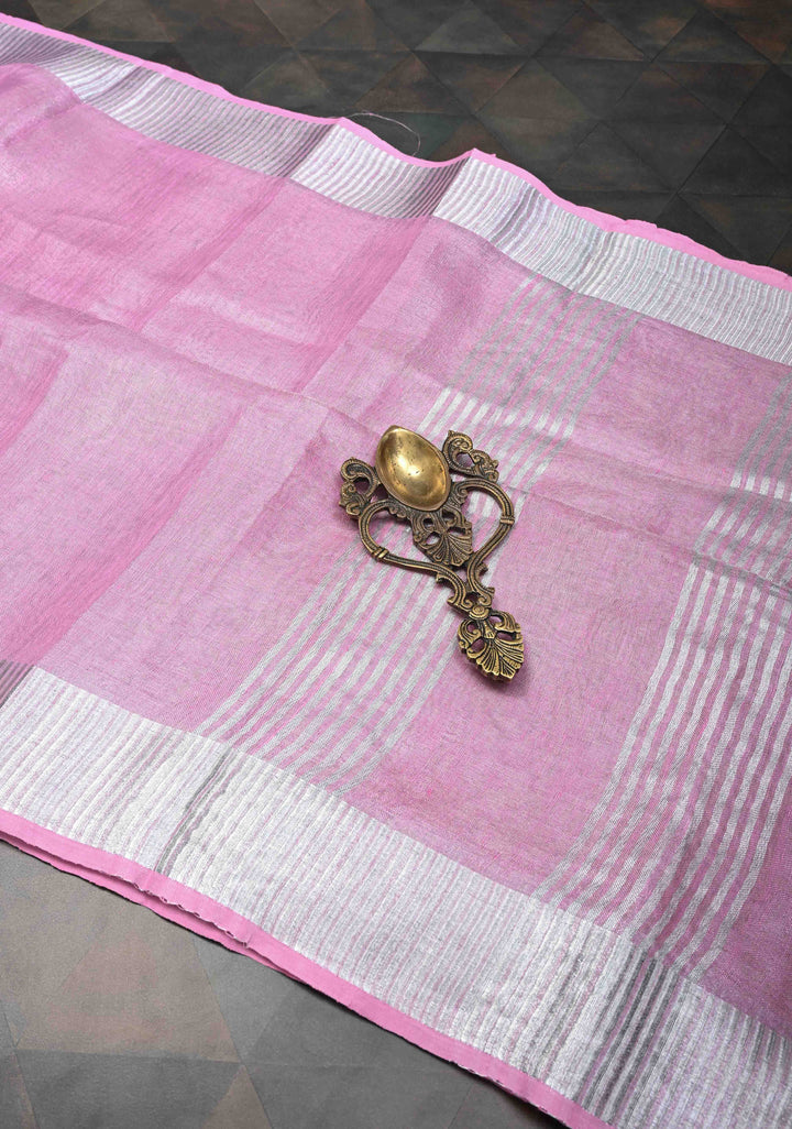 Pink Tissue Linen Saree With Silver Zari Border