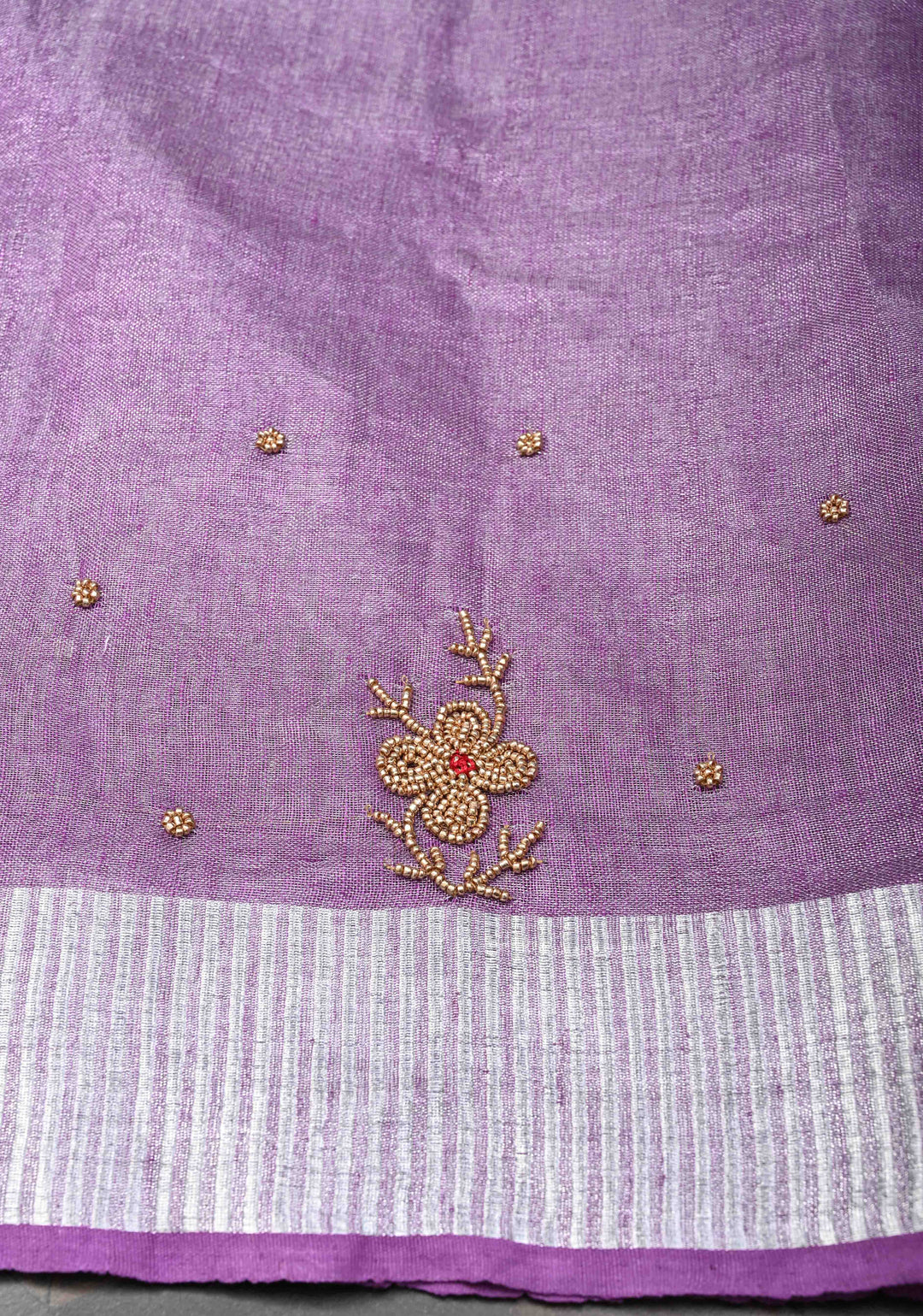 Pretty Lavender Tissue Linen Saree With Hand Beadwork with Silver Tissue