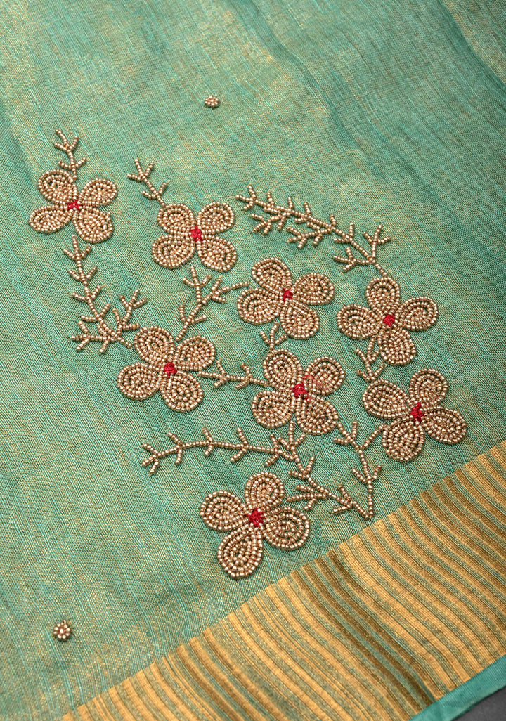 Green Tissue Linen Saree With Hand Beadwork with Golden Tissue