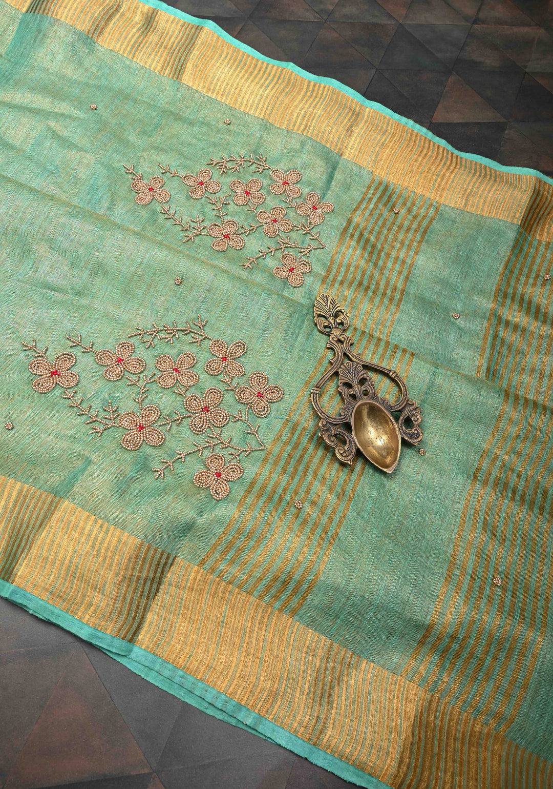 Green Tissue Linen Saree With Hand Beadwork with Golden Tissue