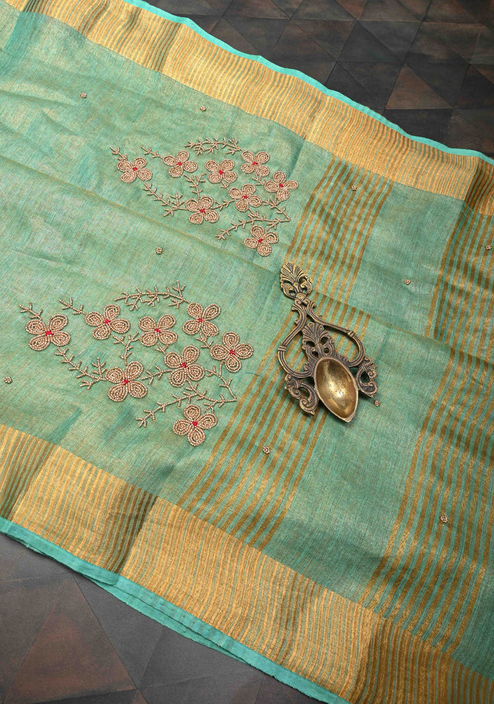 Green Tissue Linen Saree With Hand Beadwork with Golden Tissue