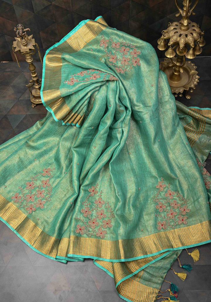 Green Tissue Linen Saree With Hand Beadwork with Golden Tissue