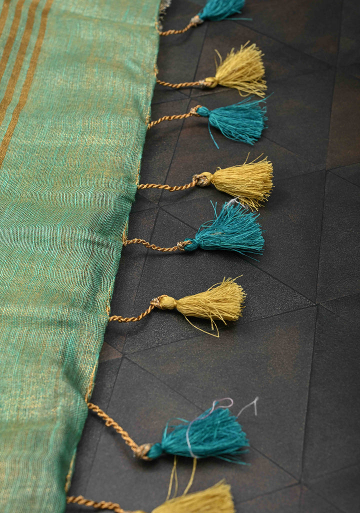 Green Tissue Linen Saree With Hand Beadwork with Golden Tissue