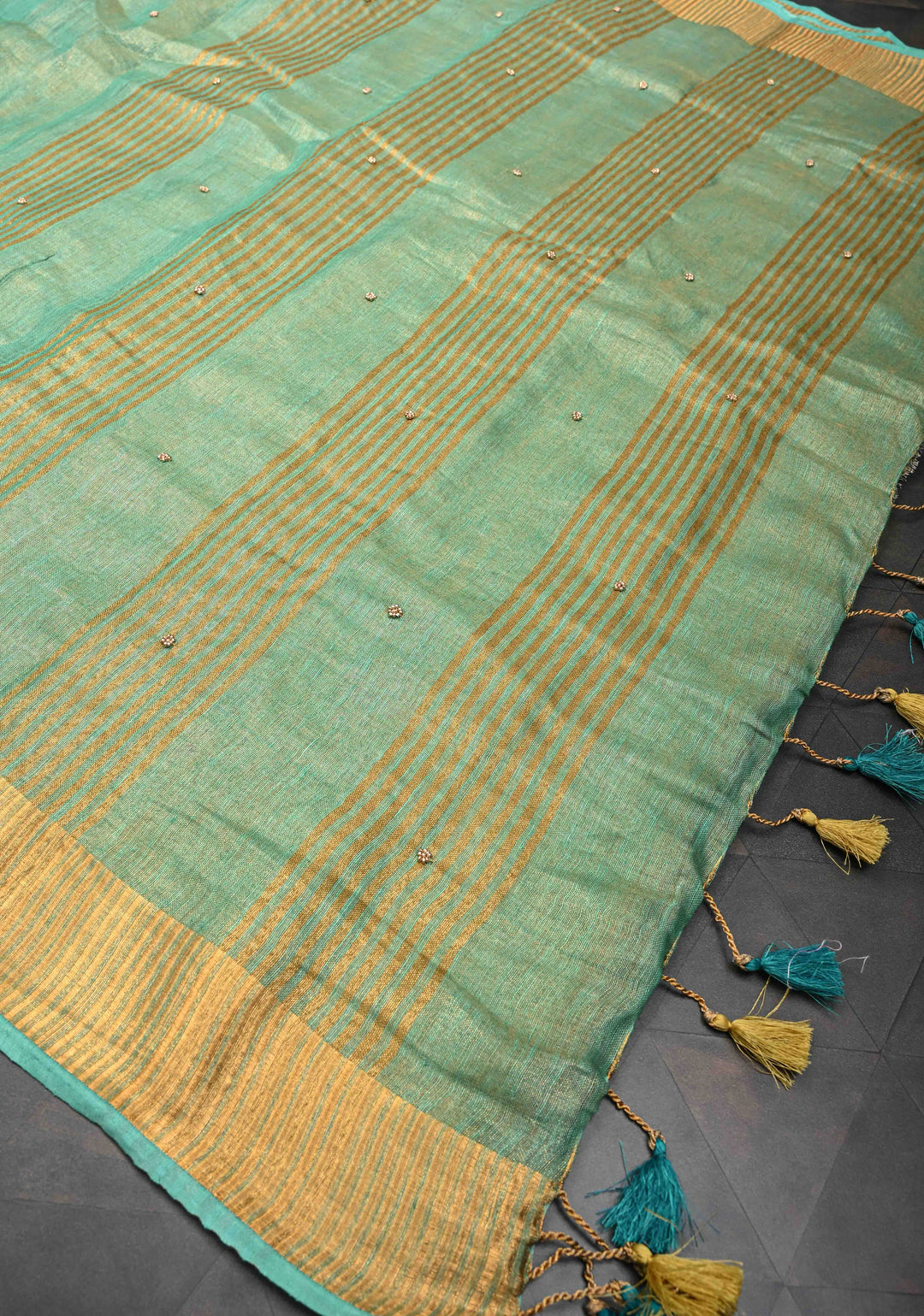 Green Tissue Linen Saree With Hand Beadwork with Golden Tissue