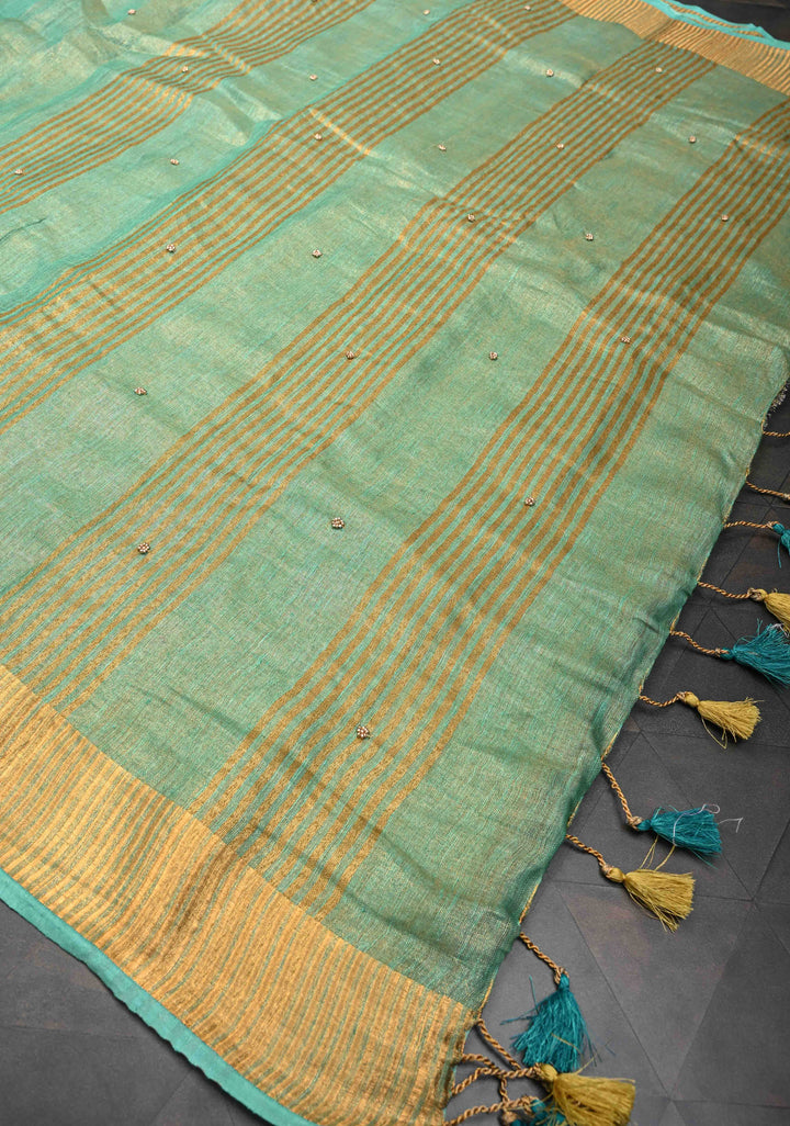 Green Tissue Linen Saree With Hand Beadwork with Golden Tissue