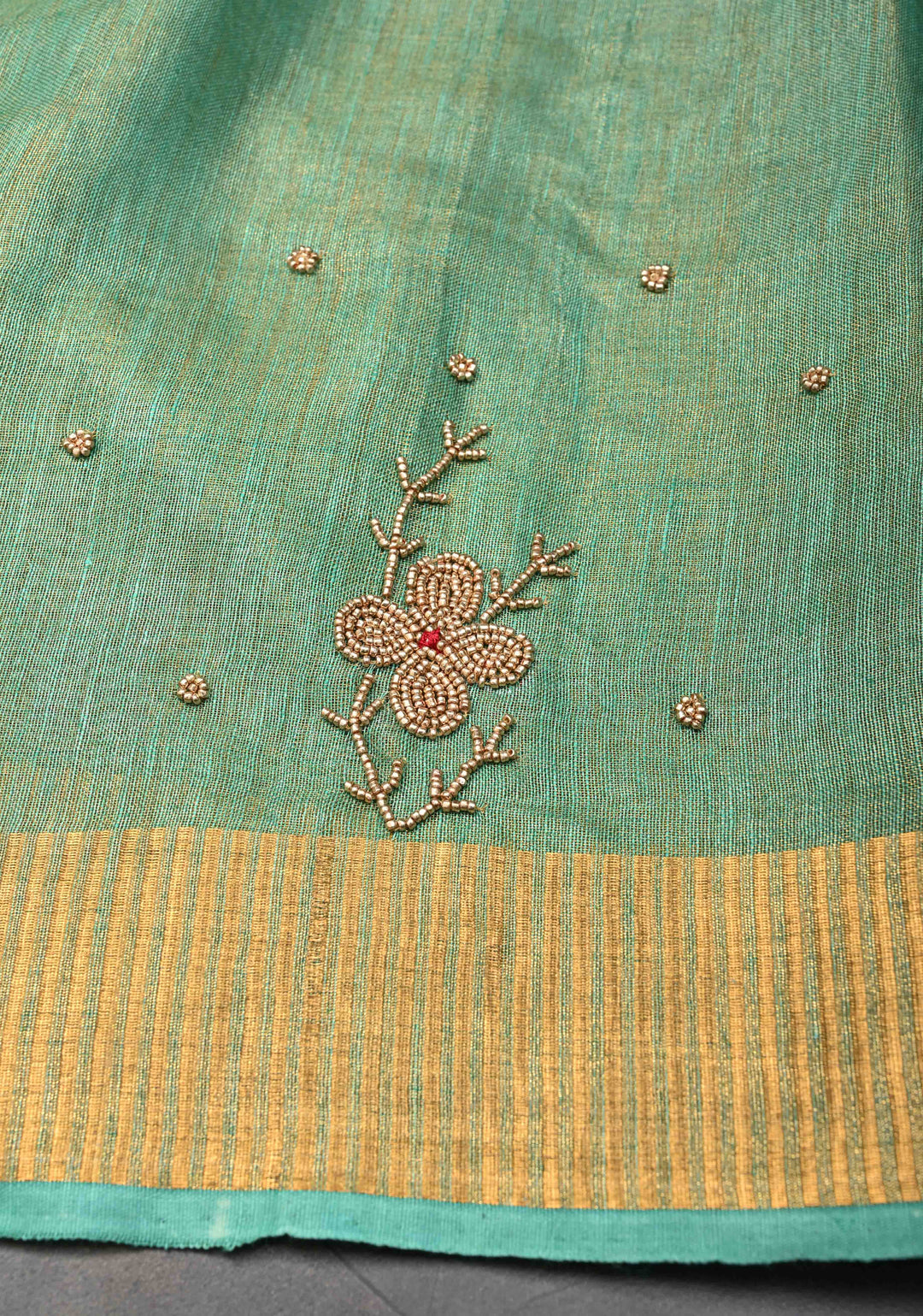 Green Tissue Linen Saree With Hand Beadwork with Golden Tissue