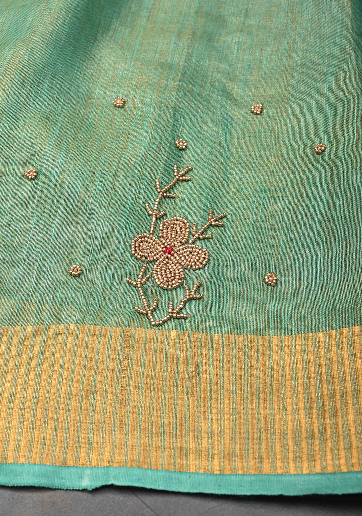 Green Tissue Linen Saree With Hand Beadwork with Golden Tissue