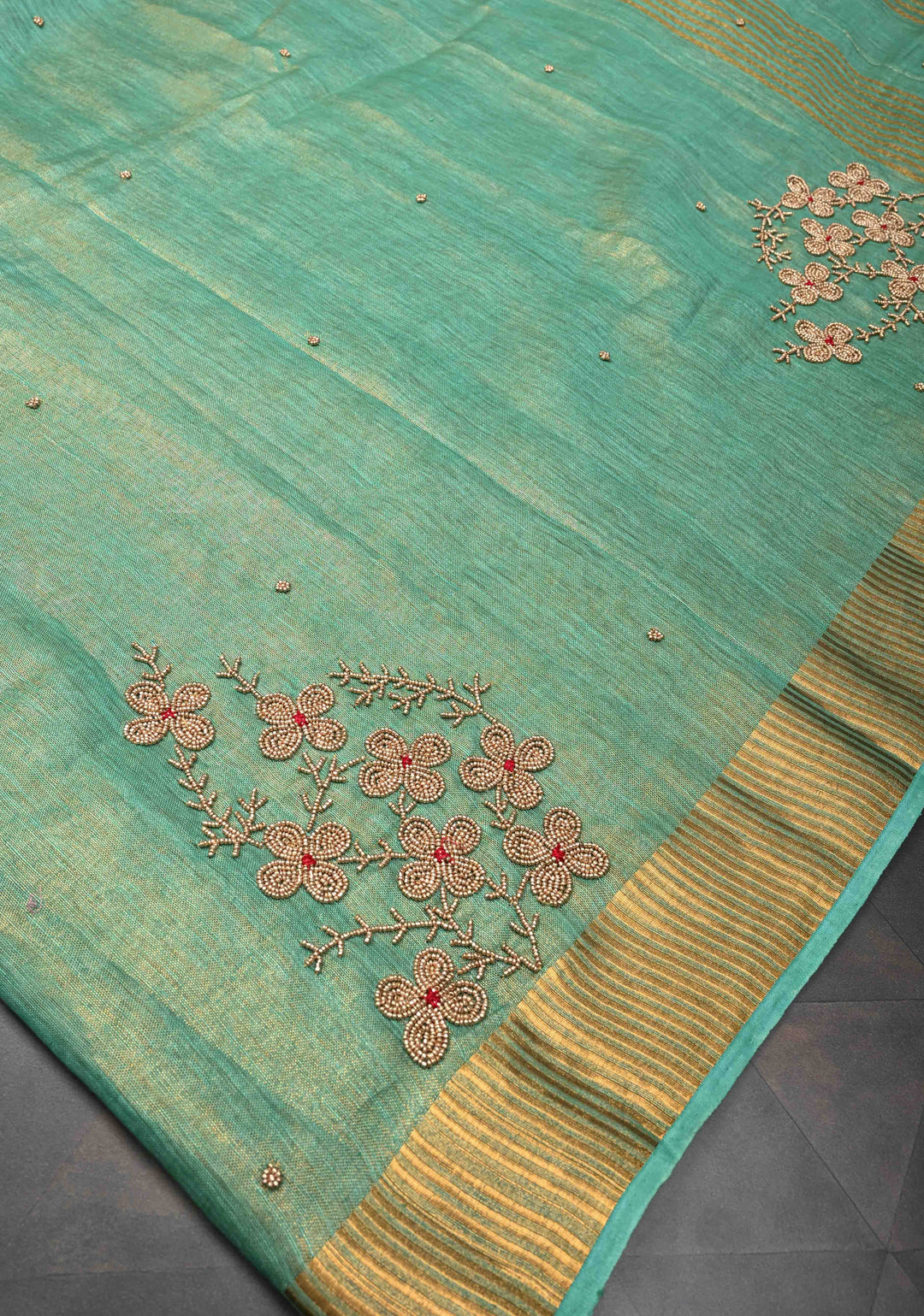 Green Tissue Linen Saree With Hand Beadwork with Golden Tissue