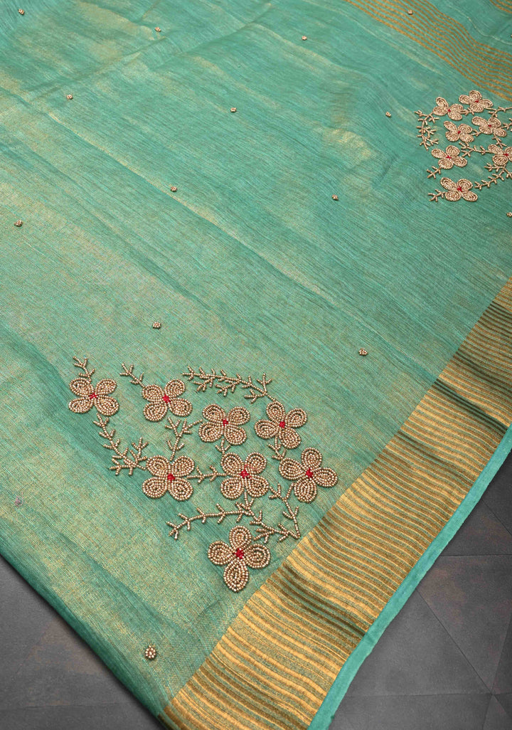 Green Tissue Linen Saree With Hand Beadwork with Golden Tissue