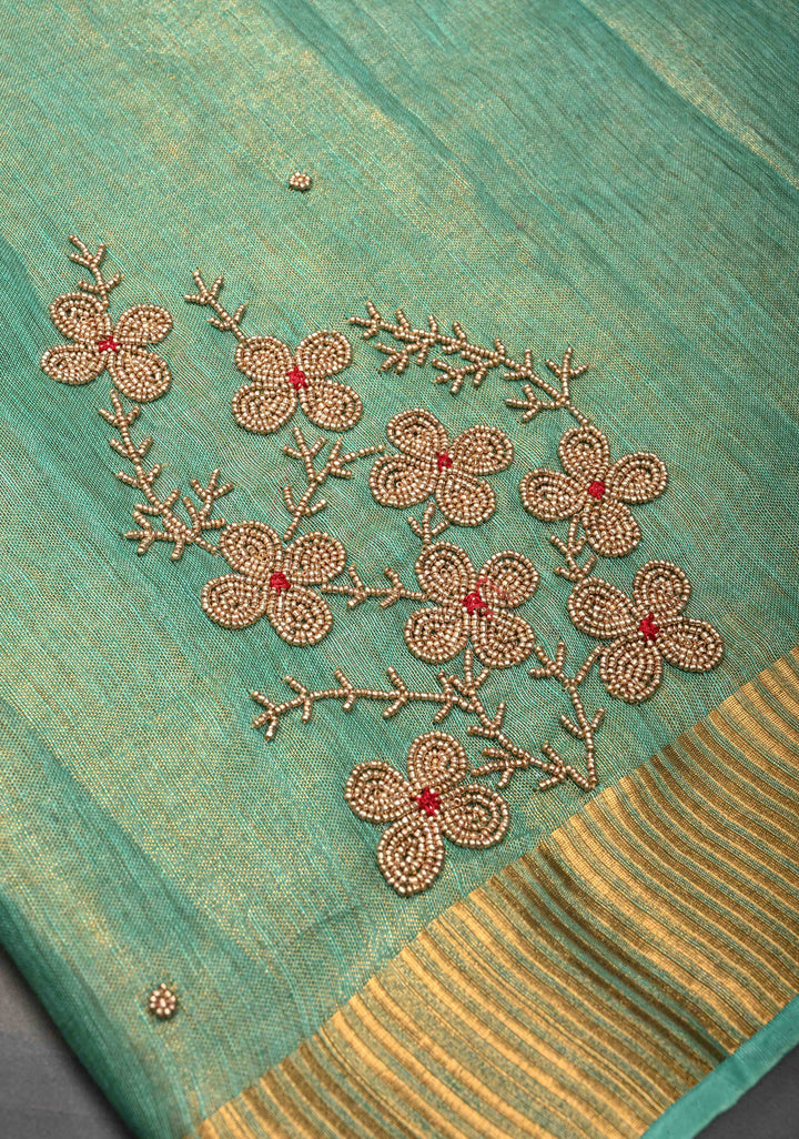 Green Tissue Linen Saree With Hand Beadwork with Golden Tissue