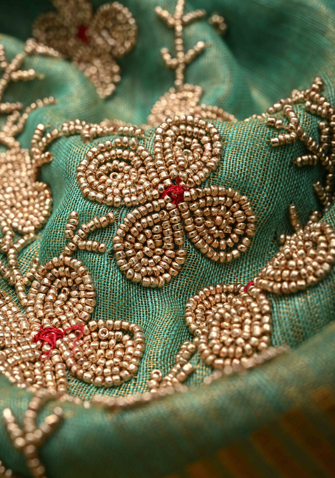 Green Tissue Linen Saree With Hand Beadwork with Golden Tissue
