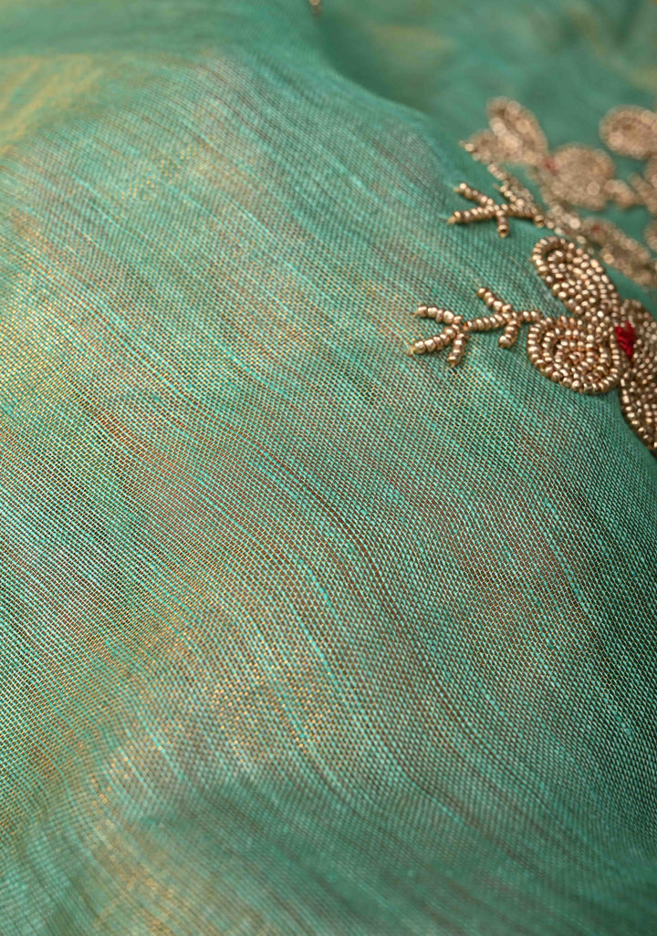 Green Tissue Linen Saree With Hand Beadwork with Golden Tissue