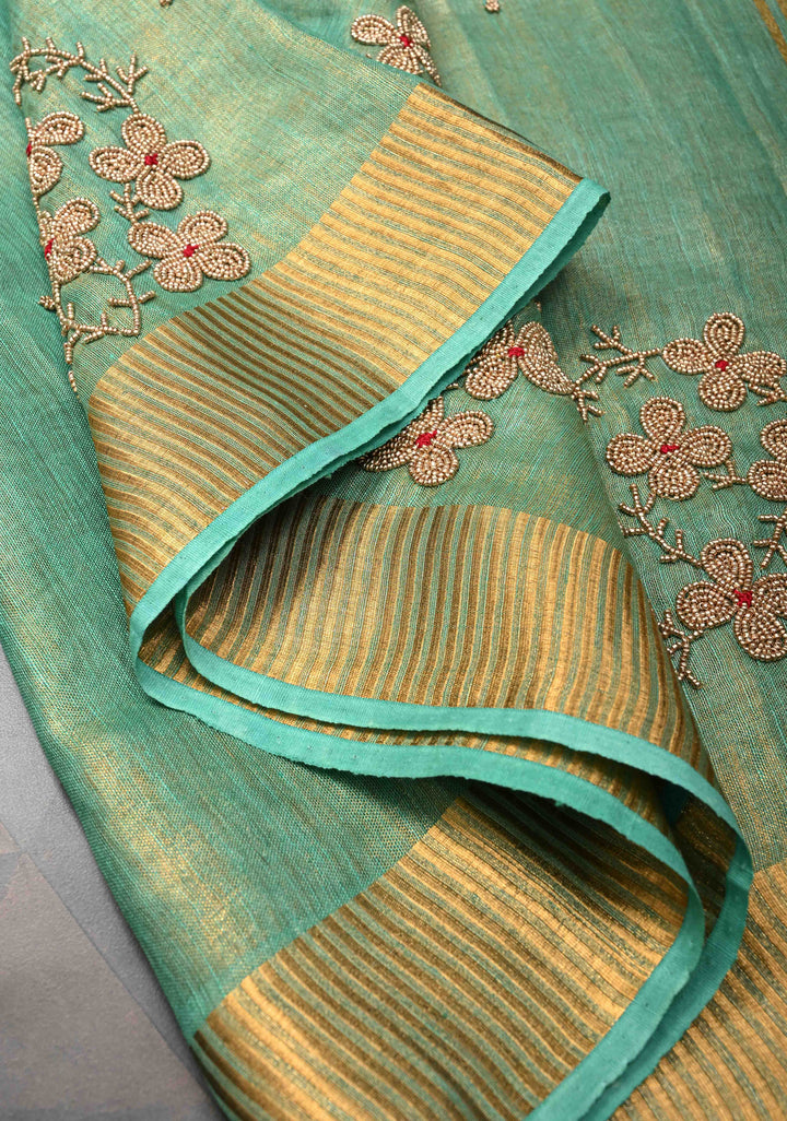 Green Tissue Linen Saree With Hand Beadwork with Golden Tissue