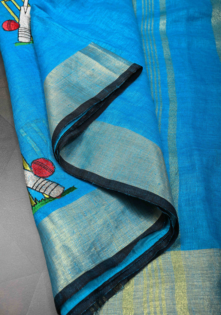 Cricket Set Theme : Blue Pure Linen by Linen Saree with Embroidery and Zari Border