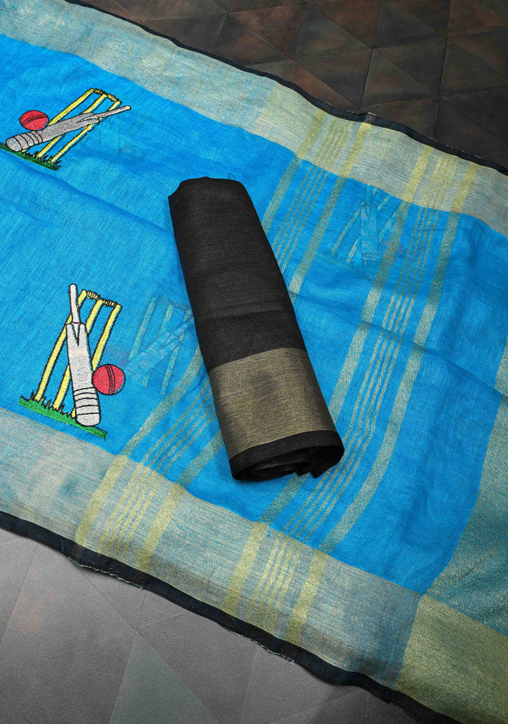 Cricket Set Theme : Blue Pure Linen by Linen Saree with Embroidery and Zari Border