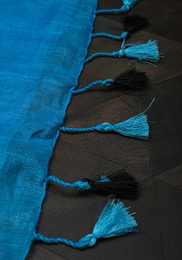 Cricket Set Theme : Blue Pure Linen by Linen Saree with Embroidery and Zari Border