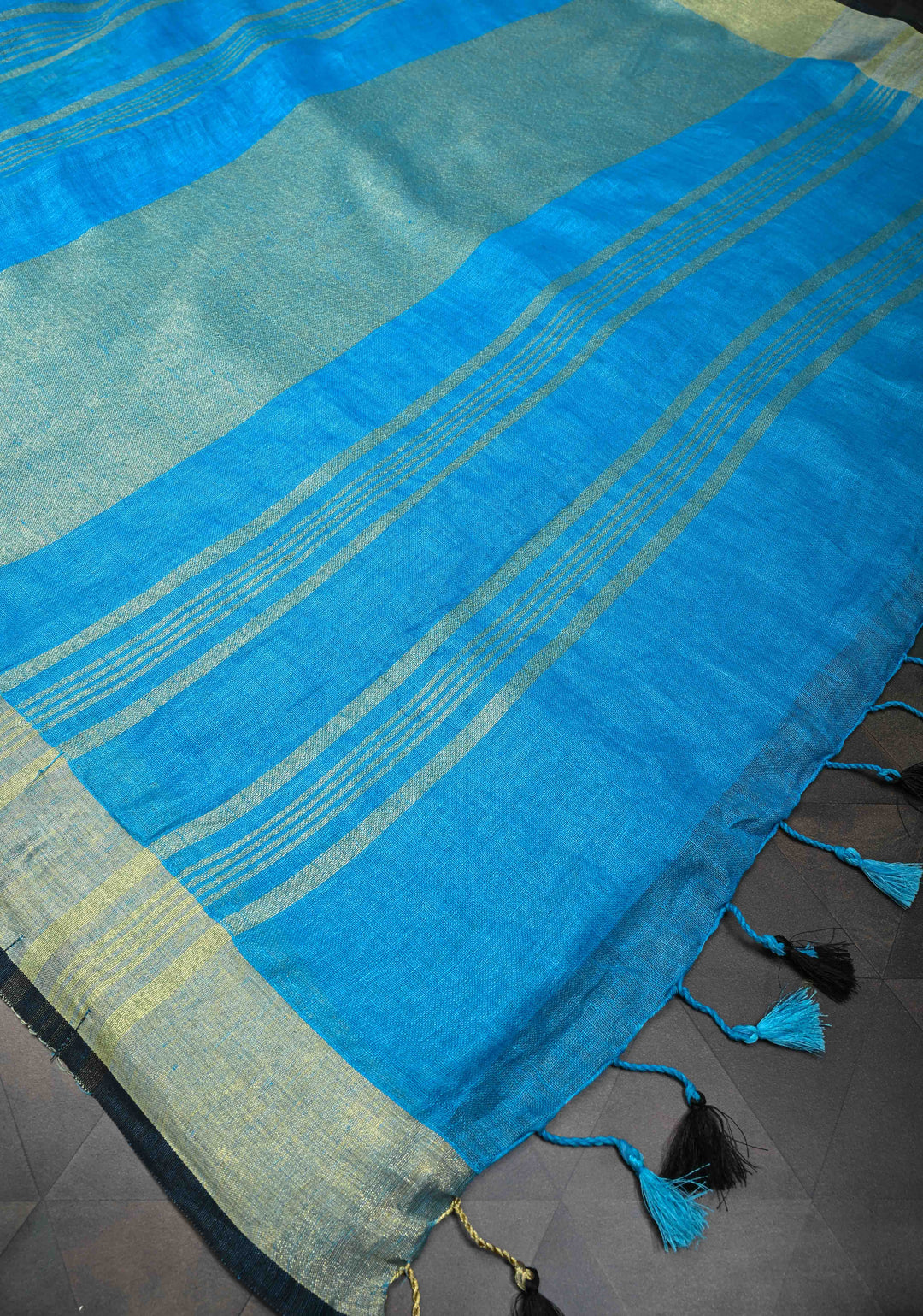 Cricket Set Theme : Blue Pure Linen by Linen Saree with Embroidery and Zari Border