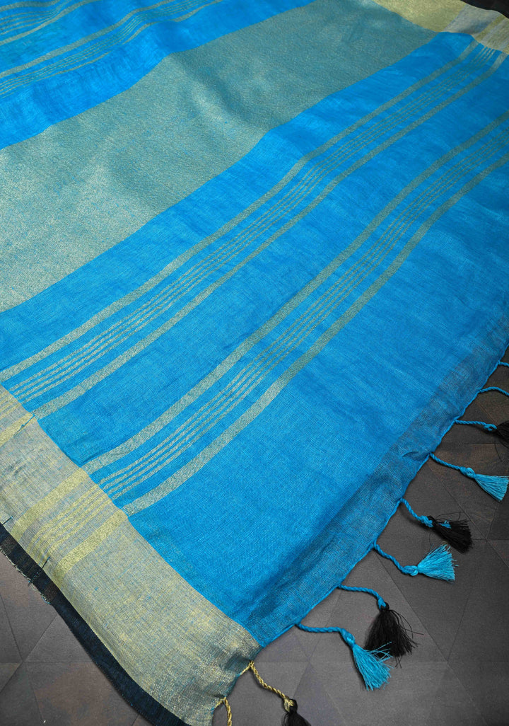 Cricket Set Theme : Blue Pure Linen by Linen Saree with Embroidery and Zari Border