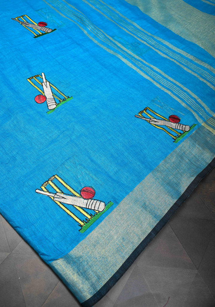 Cricket Set Theme : Blue Pure Linen by Linen Saree with Embroidery and Zari Border