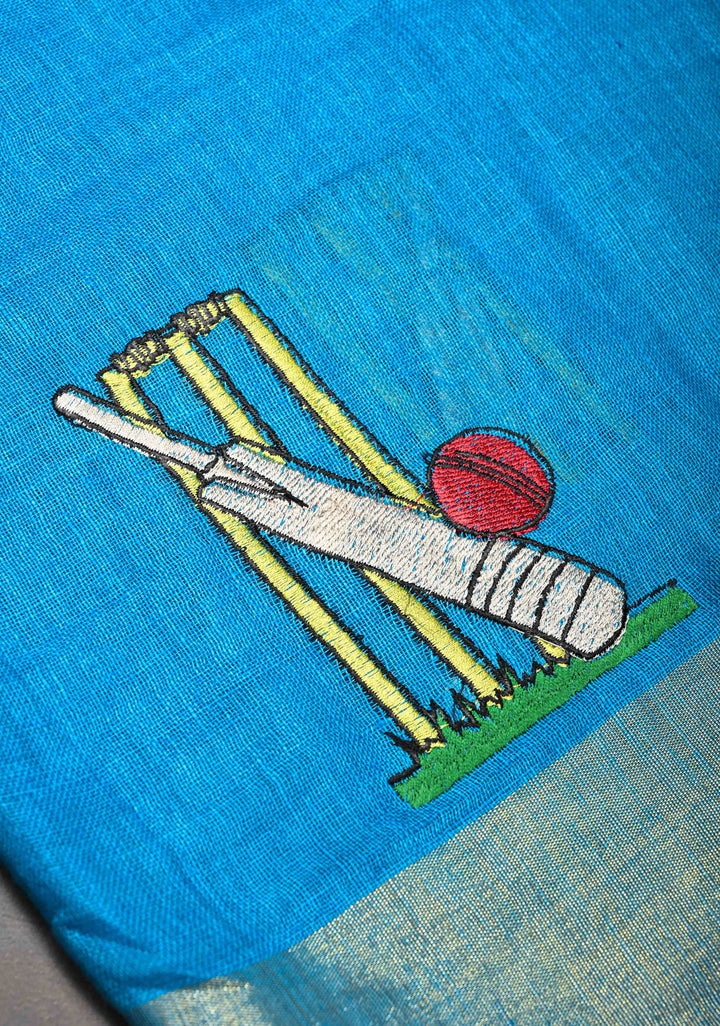 Cricket Set Theme : Blue Pure Linen by Linen Saree with Embroidery and Zari Border