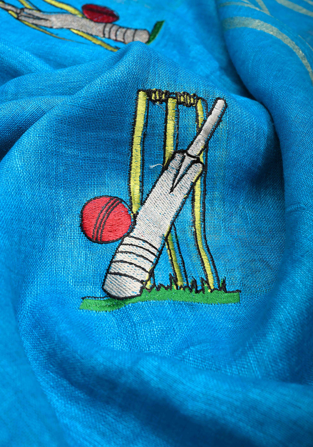 Cricket Set Theme : Blue Pure Linen by Linen Saree with Embroidery and Zari Border
