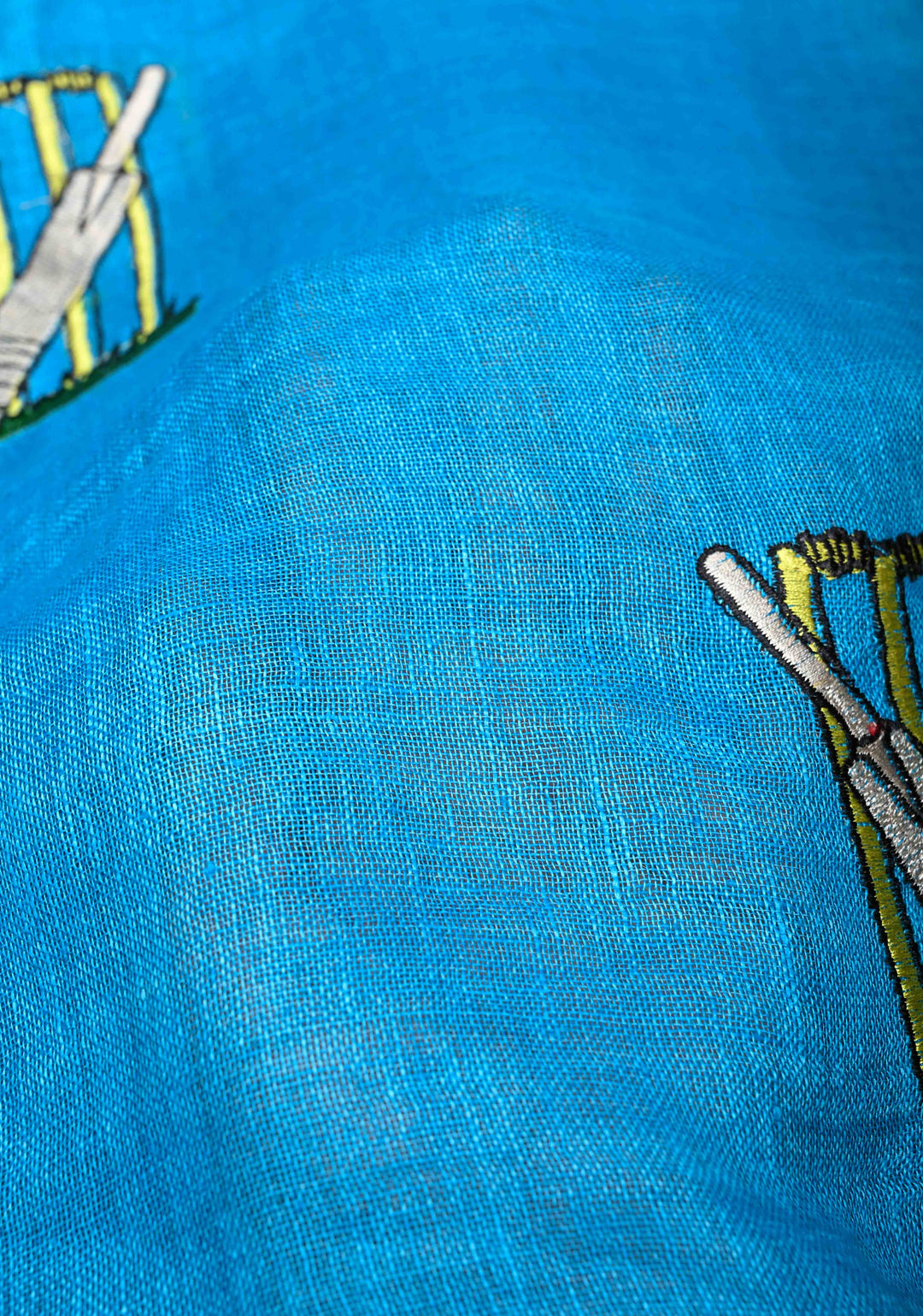 Cricket Set Theme : Blue Pure Linen by Linen Saree with Embroidery and Zari Border
