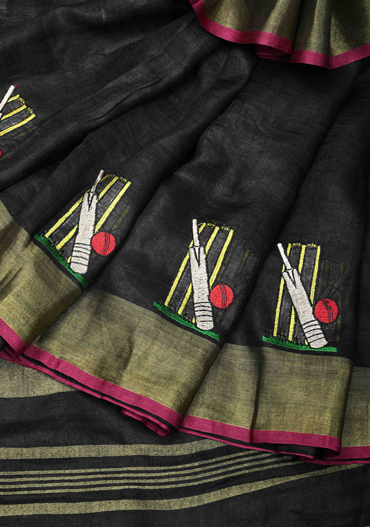 Cricket Set Theme : Charcoal Black Pure Linen by Linen Saree with Embroidery and Zari Border