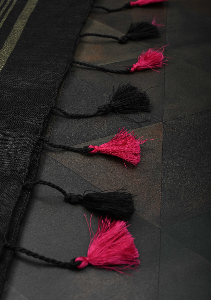 Cricket Set Theme : Charcoal Black Pure Linen by Linen Saree with Embroidery and Zari Border