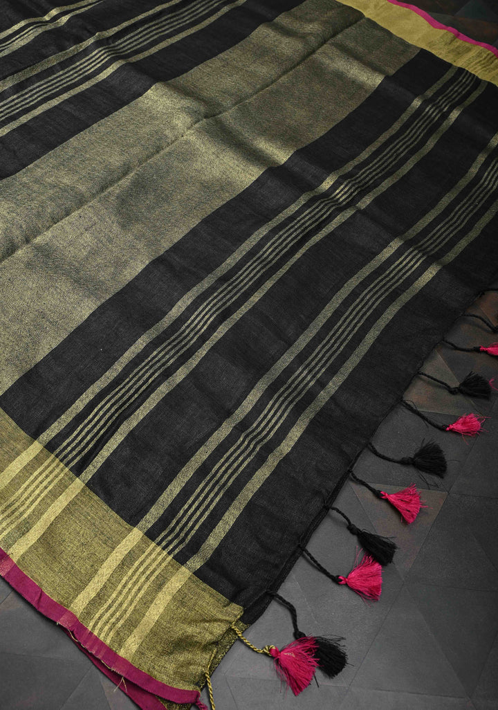 Cricket Set Theme : Charcoal Black Pure Linen by Linen Saree with Embroidery and Zari Border