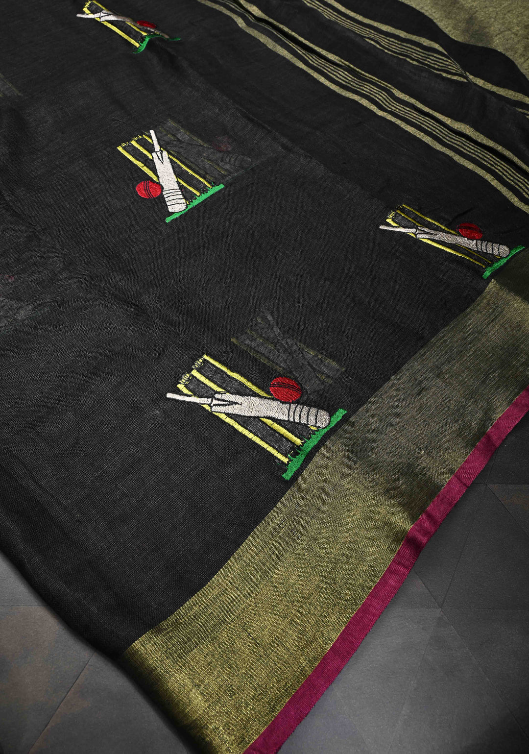 Cricket Set Theme : Charcoal Black Pure Linen by Linen Saree with Embroidery and Zari Border