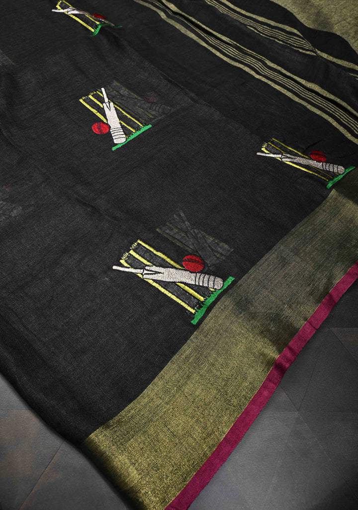 Cricket Set Theme : Charcoal Black Pure Linen by Linen Saree with Embroidery and Zari Border