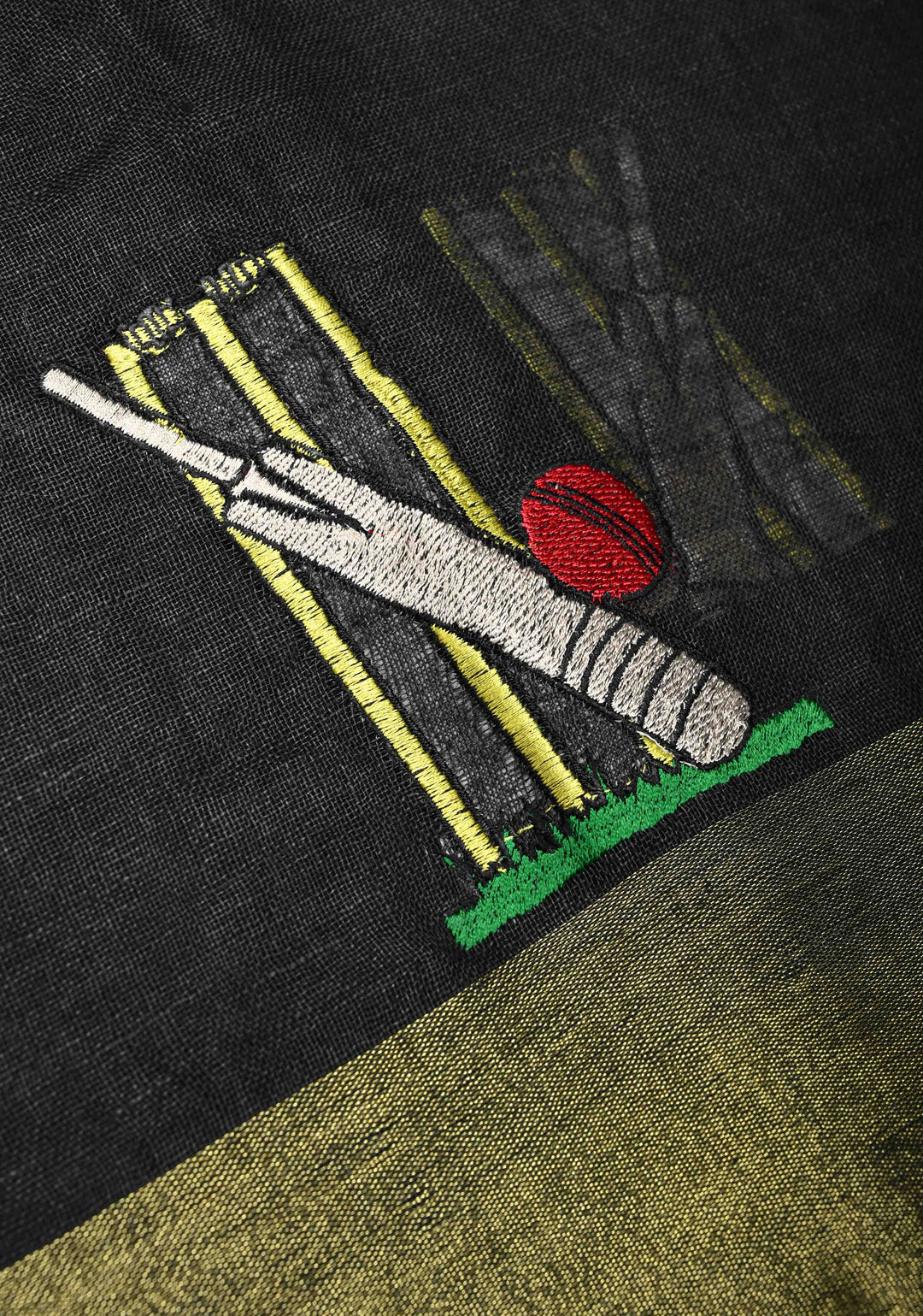 Cricket Set Theme : Charcoal Black Pure Linen by Linen Saree with Embroidery and Zari Border