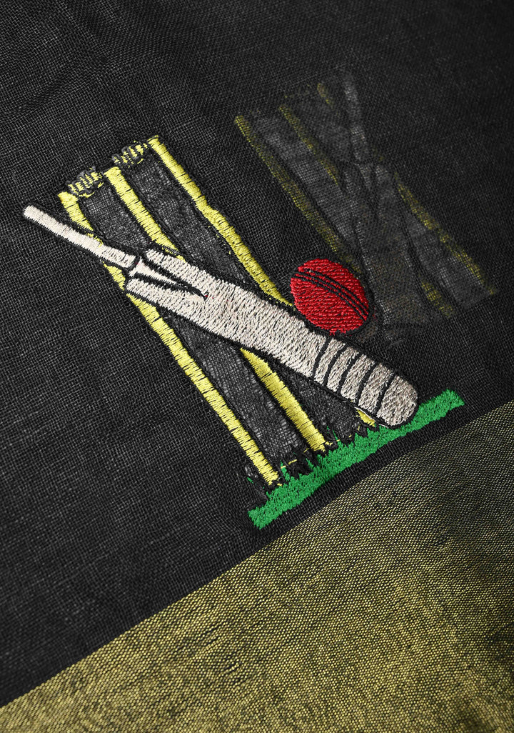 Cricket Set Theme : Charcoal Black Pure Linen by Linen Saree with Embroidery and Zari Border