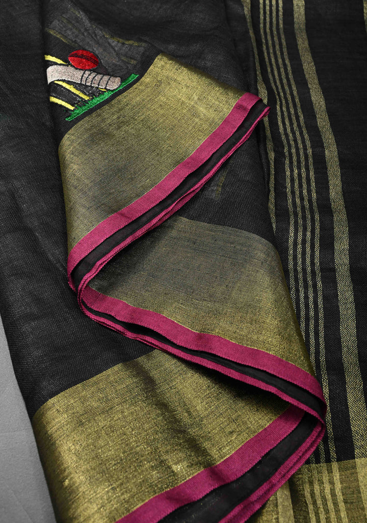 Cricket Set Theme : Charcoal Black Pure Linen by Linen Saree with Embroidery and Zari Border