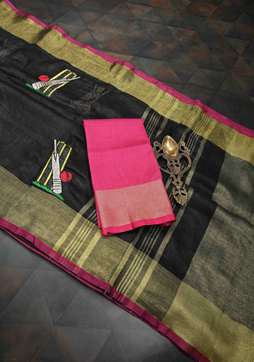 Cricket Set Theme : Charcoal Black Pure Linen by Linen Saree with Embroidery and Zari Border