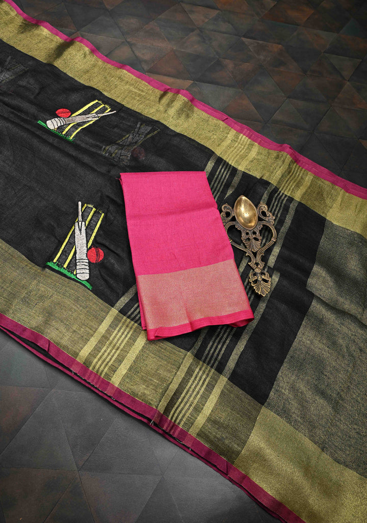 Cricket Set Theme : Charcoal Black Pure Linen by Linen Saree with Embroidery and Zari Border