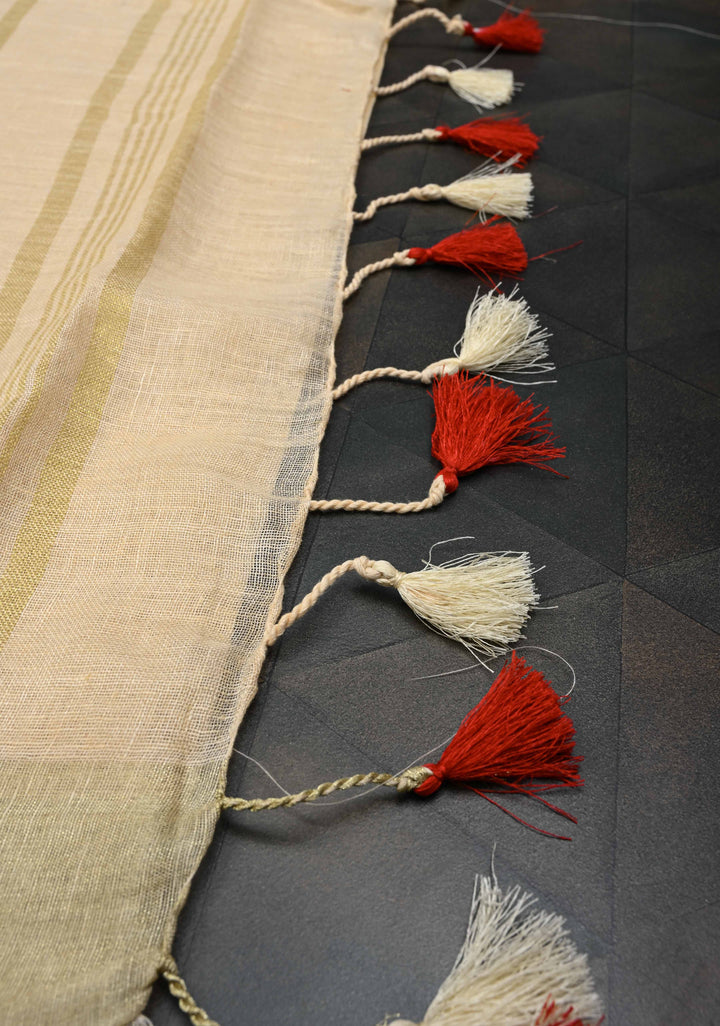 Cream Linen by Linen Saree with Zari Border and Contrast Blouse Piece